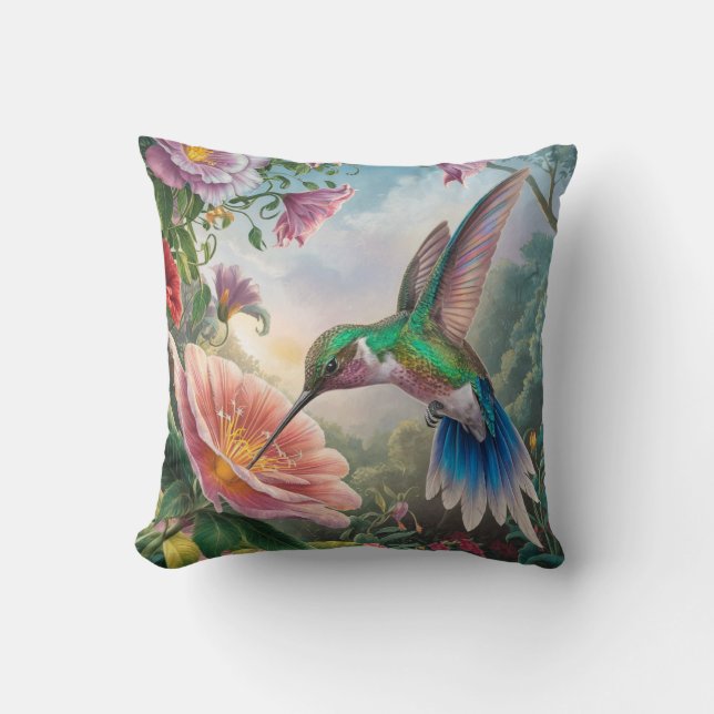 Hummingbird Collects Nectar Throw Pillow (Front)