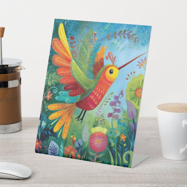 Hummingbird colorful artwork pedestal sign (In SItu)