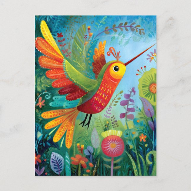 Hummingbird colorful artwork postcard (Front)