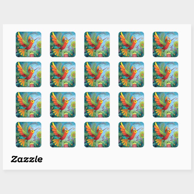 Hummingbird colorful artwork square sticker (Sheet)