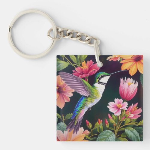 Hummingbird Colorful Floral Painting Keychain