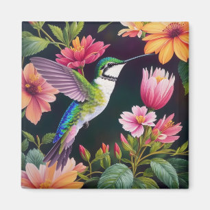 Hummingbird Colorful Floral Painting Magnet
