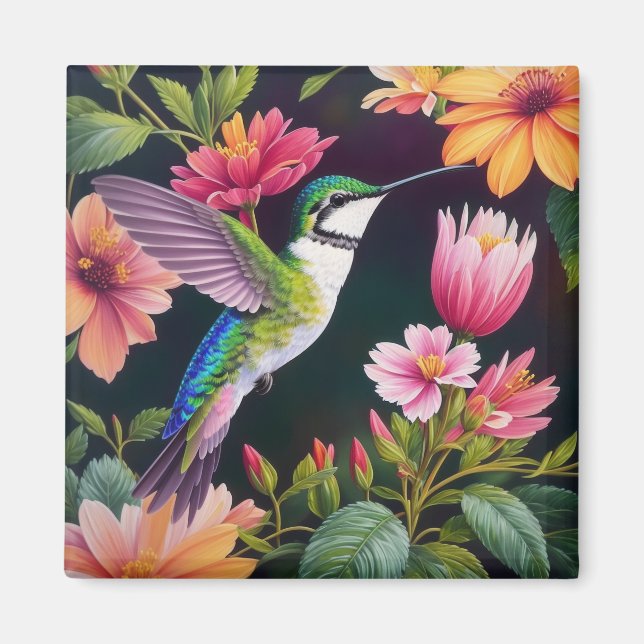 Hummingbird Colorful Floral Painting Magnet (Front)