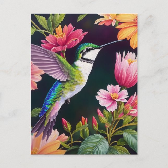 Hummingbird Colorful Floral Painting Postcard (Front)