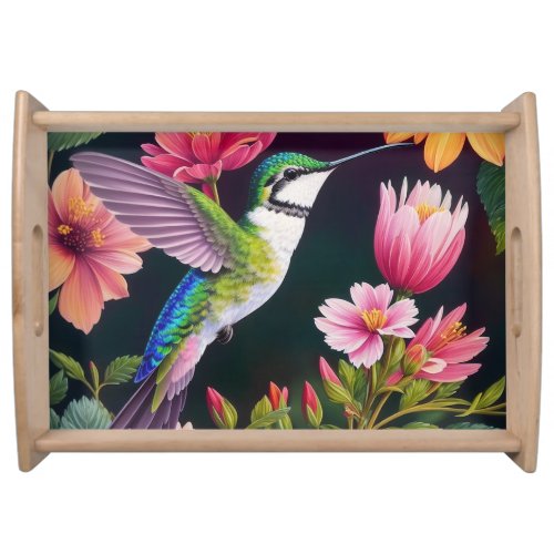 Hummingbird Colorful Floral Painting Serving Tray
