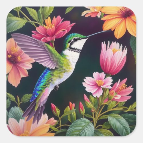 Hummingbird Colorful Floral Painting Square Sticker