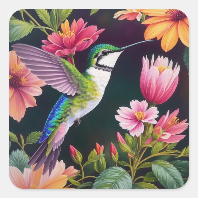 Hummingbird Colorful Floral Painting Square Sticker (Front)