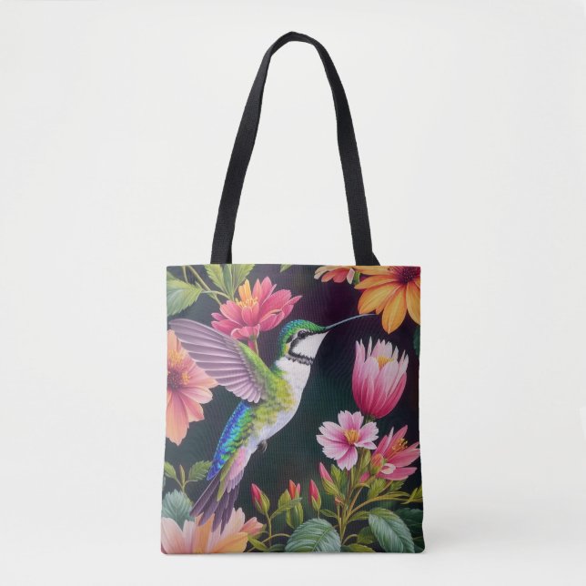 Hummingbird Colorful Floral Tote Bag (Front)