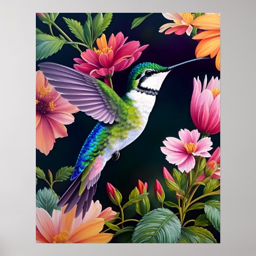 Hummingbird Colorful Flowers Art Poster