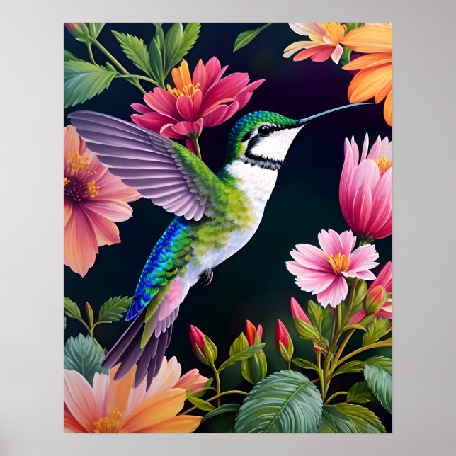 Hummingbird Colorful Flowers Art Poster (Front)