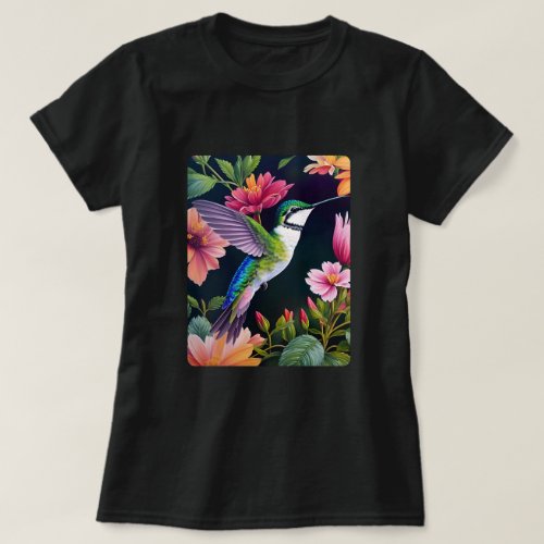 Hummingbird Colorful Flowers Art T_Shirt