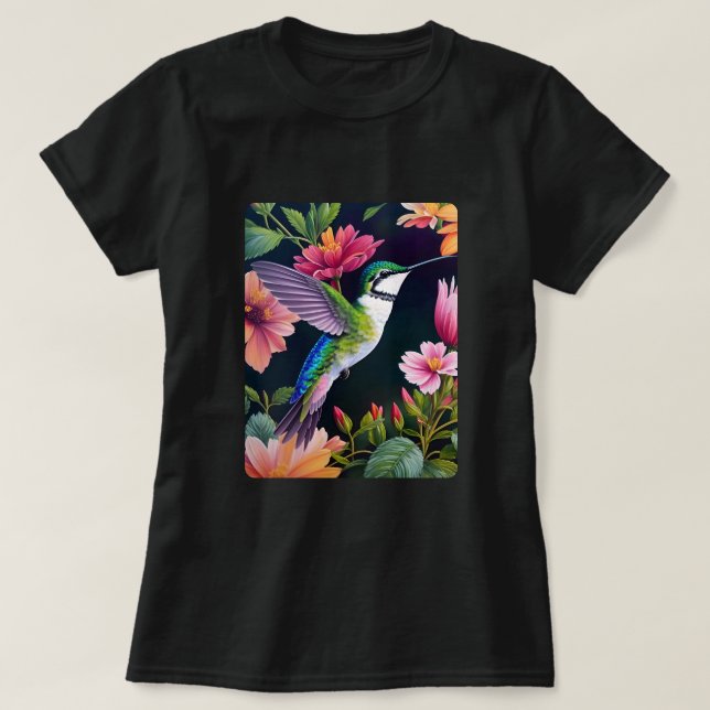 Hummingbird Colorful Flowers Art T-Shirt (Design Front)
