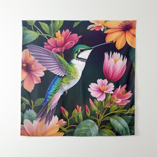 Hummingbird Colorful Flowers Art Tapestry