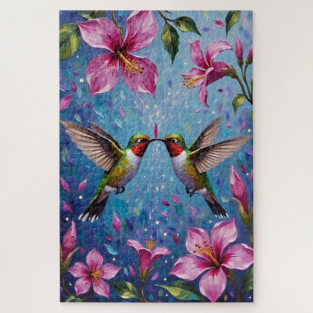 Hummingbird Couple Iridescent Flower Love Jigsaw Puzzle (Vertical)