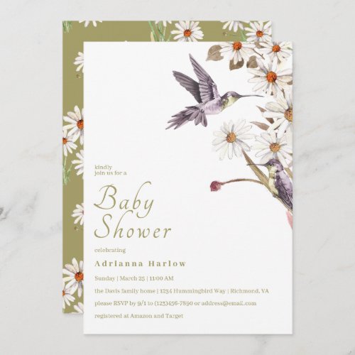Hummingbird Daisies  Elegant Vintage Baby Shower Invitation