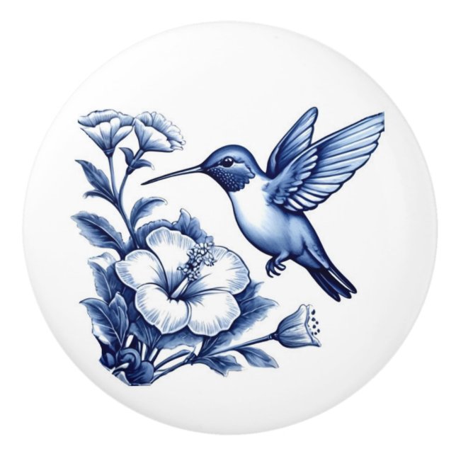 Hummingbird Delft Blue and White Bird Ceramic Knob (Front)