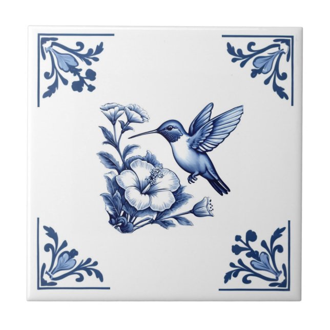 Hummingbird Delft Blue White Floral Corners Bird Ceramic Tile (Front)