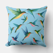 Hummingbird Design Colorful Blue Throw Pillow