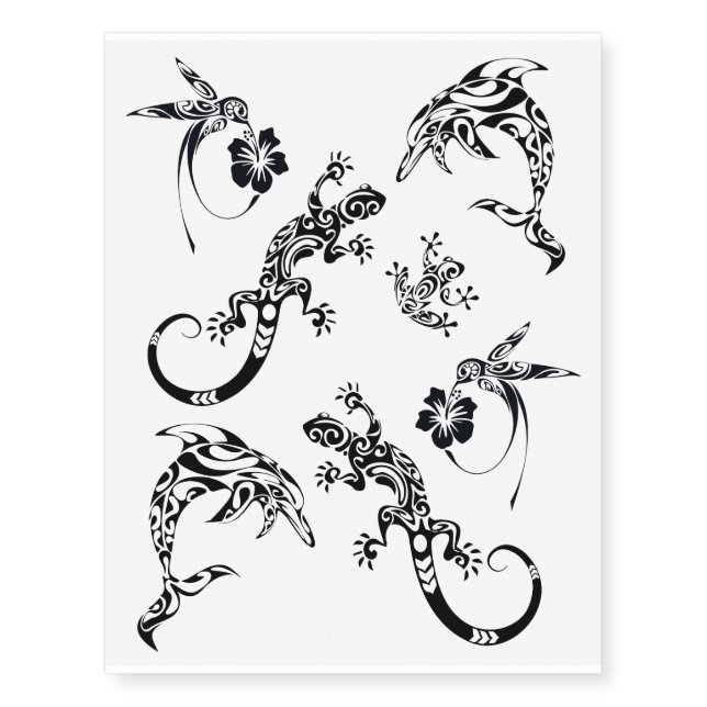 Hummingbird, Dolphin, Lizard, Frog Abstract Design Temporary Tattoos (Front)