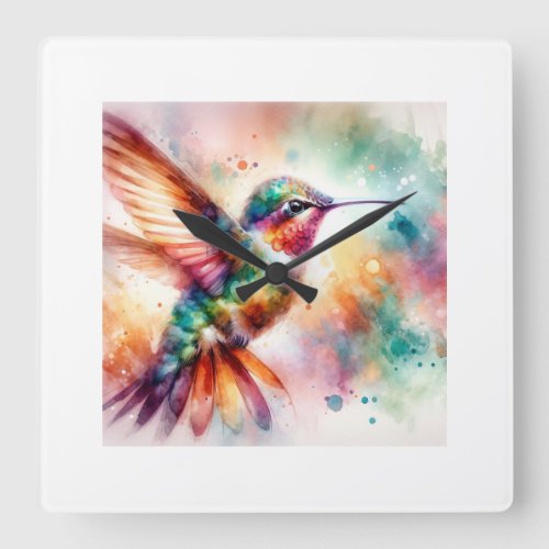 Hummingbird Elegance AREF756 _ Watercolor Square Wall Clock