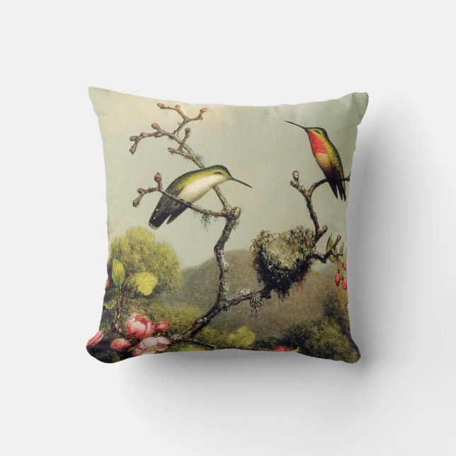 Hummingbird Family and Apple Blossom Pillow (Front)