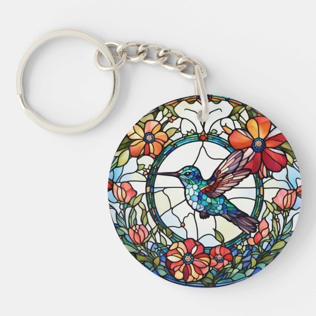 Hummingbird Faux Stained Glass Bird Keychain (Front)