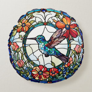 Hummingbird Faux Stained Glass Bird Round Pillow
