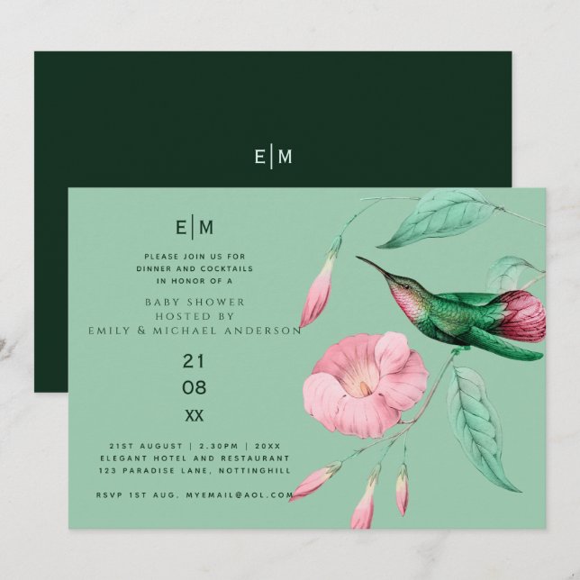 Hummingbird Floral Baby Couples Shower Modern Invitation (Front/Back)