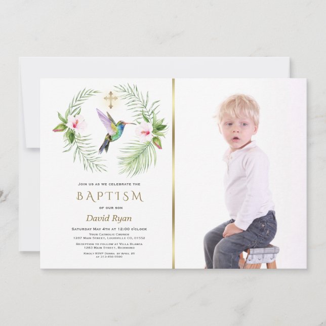 Hummingbird Floral Boy Photo Gold Baptism Invitation (Front)
