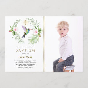 Hummingbird Floral Boy Photo Gold Baptism Invitation