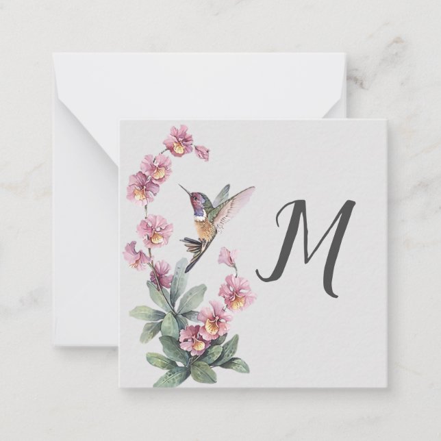Hummingbird Floral Custom Initial Note Card (Front)
