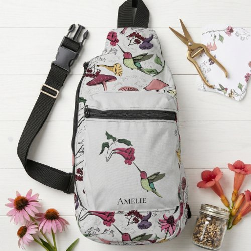 Hummingbird Floral Custom Name Gray Modern Sling Bag