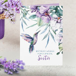 Hummingbird Floral Custom Text Any Occasion Card<br><div class="desc">Celebrate the enchanting allure of nature with this exquisite watercolor greeting card, a harmonious fusion of art and sentiment. The front of the card showcases a vibrant hummingbird in mid-flight, its wings a captivating blend of emerald green and amethyst purple, embodying the bird’s swift, elegant movements. Amidst the flight, the...</div>