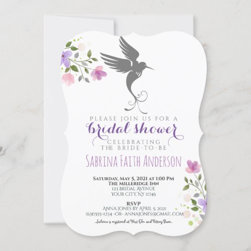 Hummingbird Floral Elegant Lilac Bridal Shower Invitation