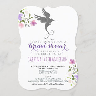 Hummingbird Floral Elegant Lilac Bridal Shower Invitation
