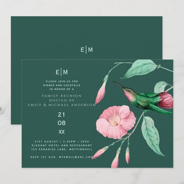 Hummingbird Floral Family Reunion Class Friends Invitation (Front/Back)