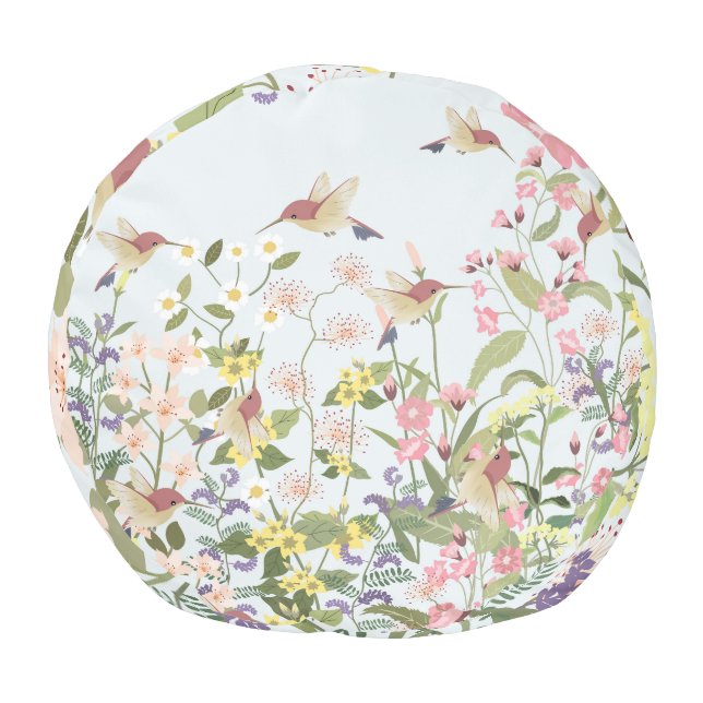 Hummingbird Floral Garden Vintage Illustration Pouf (Bottom)