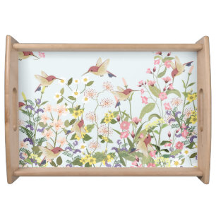 Hummingbird Floral Garden Vintage Illustration Serving Tray