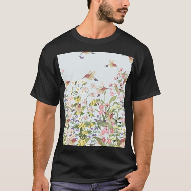 Hummingbird Floral Garden Vintage Illustration T-Shirt (Front)