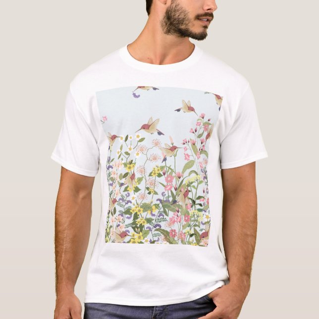 Hummingbird Floral Garden Vintage Illustration T-Shirt (Front)