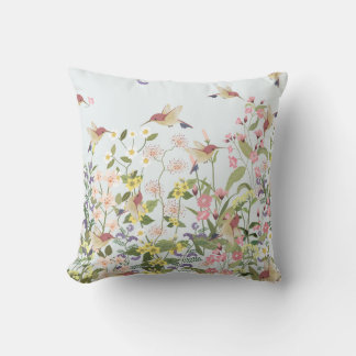 Hummingbird Floral Garden Vintage Illustration Throw Pillow