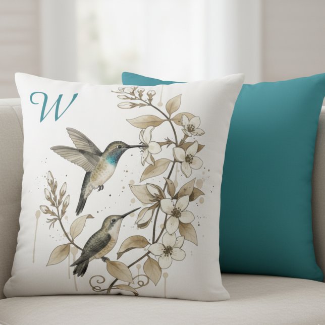 Hummingbird Floral Monogram Initial Decor Throw Pillow (Hummingbird monogram decorative pillow)
