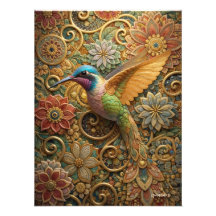 Hummingbird Floral Mosaic Art - Vibrant Nature Pos