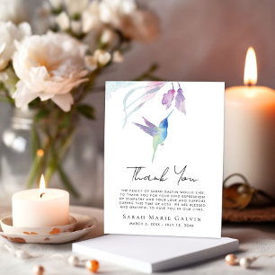 Hummingbird Floral Watercolor Photo Memorial Thank You Card