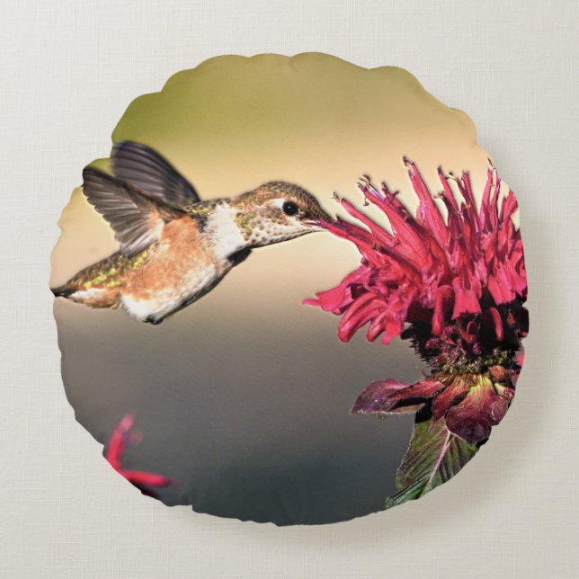Hummingbird Flower Feeding Round Pillow (Front)