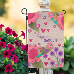 Hummingbird Flower Garden Pink Custom Name Flag