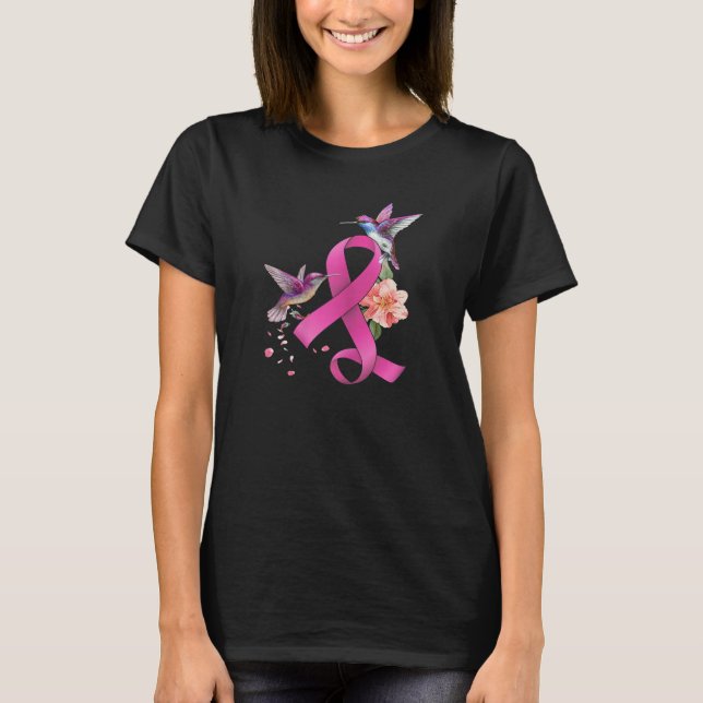 Hummingbird Flower Pink Ribbon Breast Cancer T-Shirt (Front)