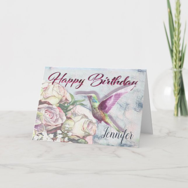 Hummingbird Flowers and Happy Birthday Name Card (Front)