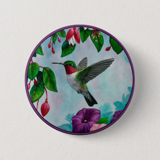 Hummingbird Flying in Flower Garden Button