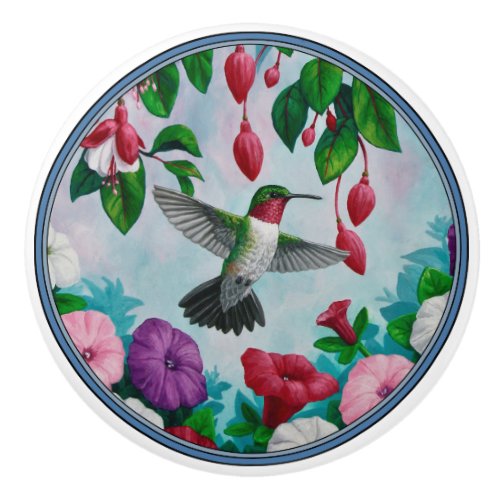 Hummingbird Flying in Flower Garden Ceramic Knob